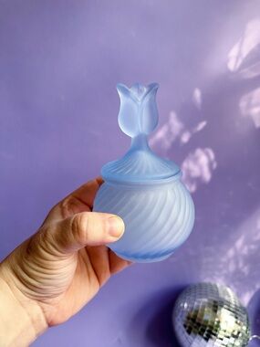 Blue Frosted Partylite Glass Trinket Jar with Tulip Lid